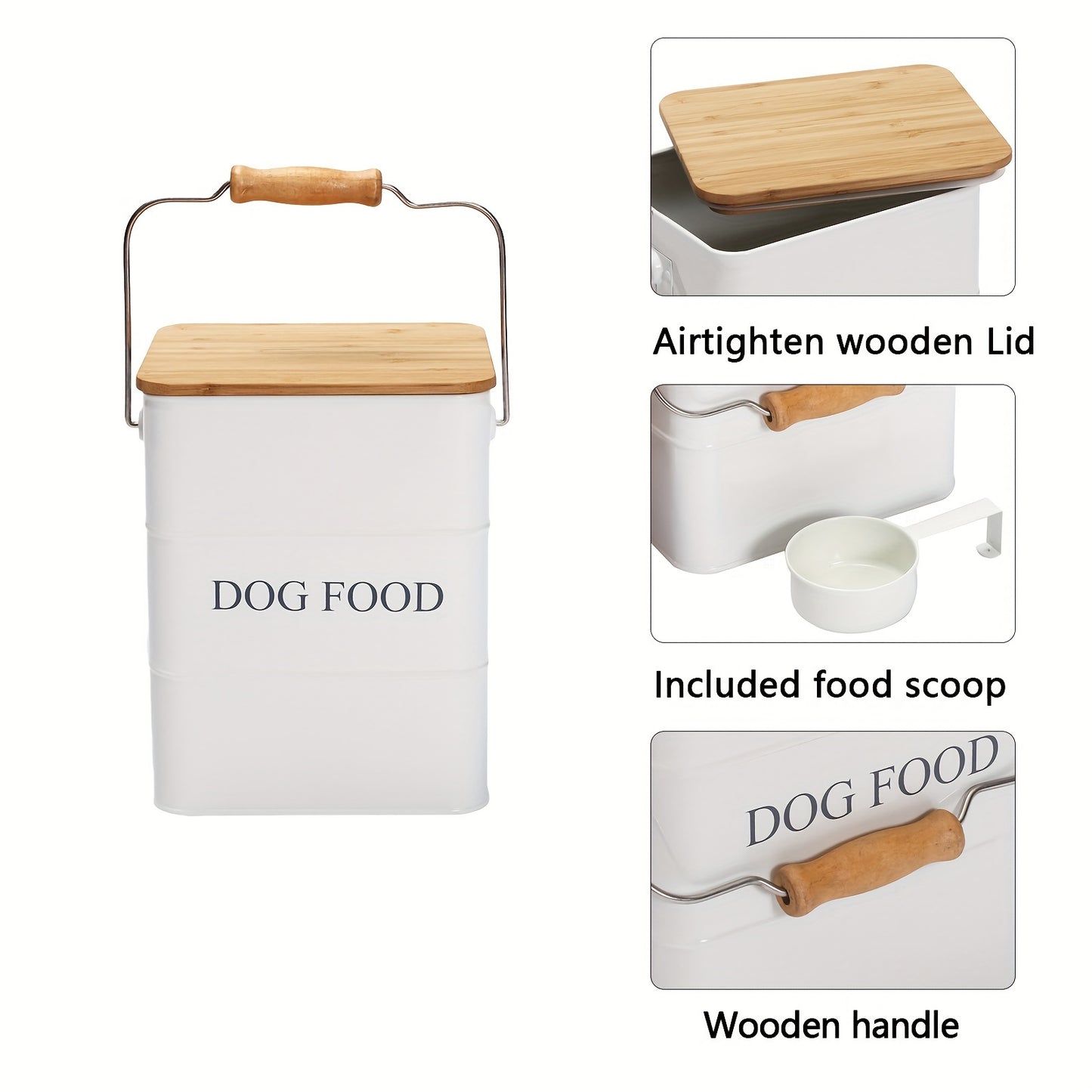 Rectangle Metal Dog Food Storage Container with Airtight Wooden Lid and Scoop - Durable Pet Food Bin with Wooden Handle, White Farmhouse Style Dog Food Box