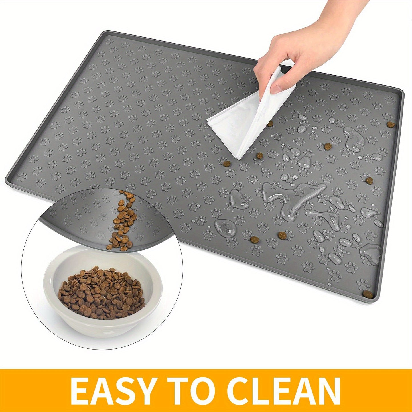 Dog Feeding Mat, Paw Print Silicone Dog Food And Water Bowl Mat Anti-Overflow Dog Food Mat Pet Placemat With Raised Edge