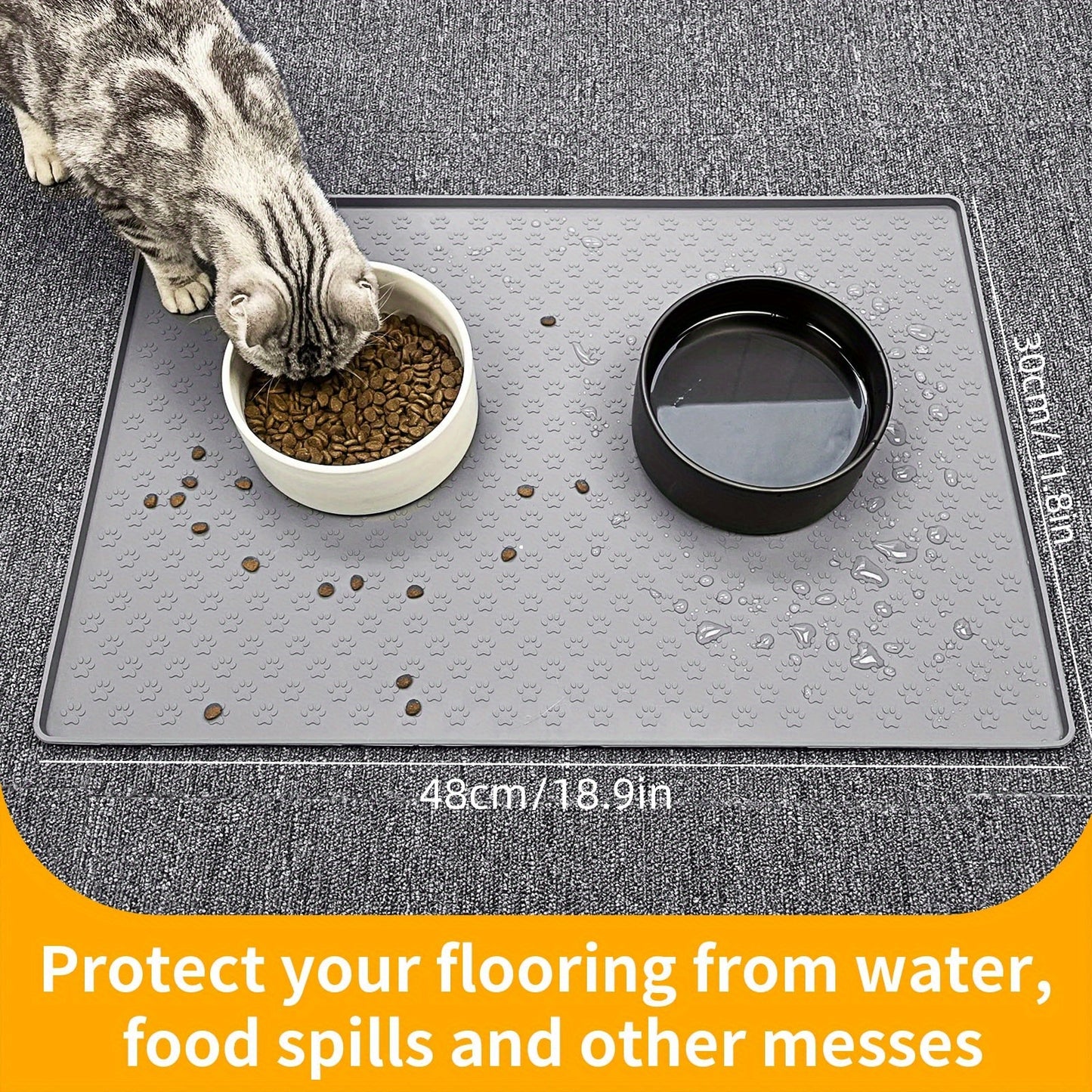 Dog Feeding Mat, Paw Print Silicone Dog Food And Water Bowl Mat Anti-Overflow Dog Food Mat Pet Placemat With Raised Edge