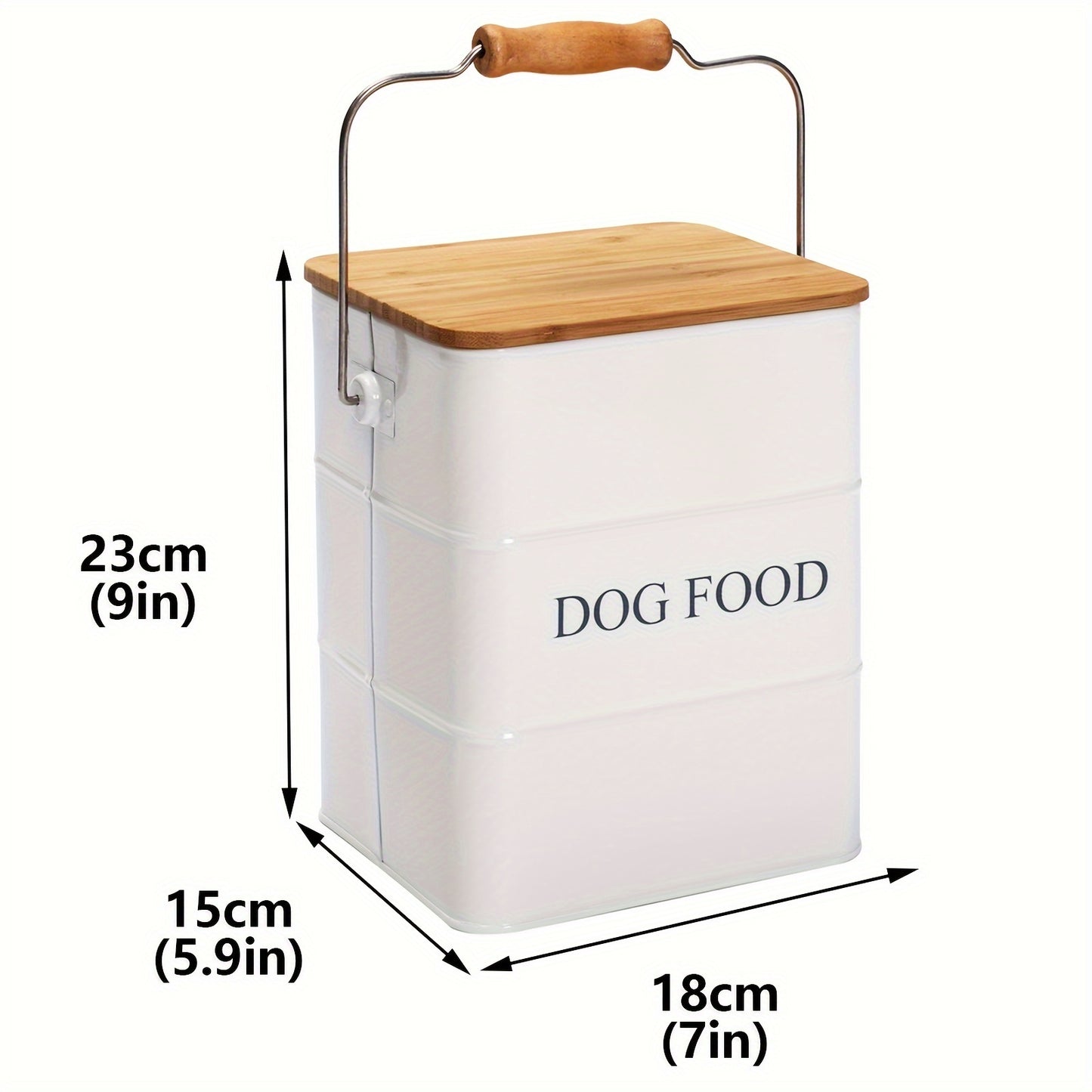 Rectangle Metal Dog Food Storage Container with Airtight Wooden Lid and Scoop - Durable Pet Food Bin with Wooden Handle, White Farmhouse Style Dog Food Box