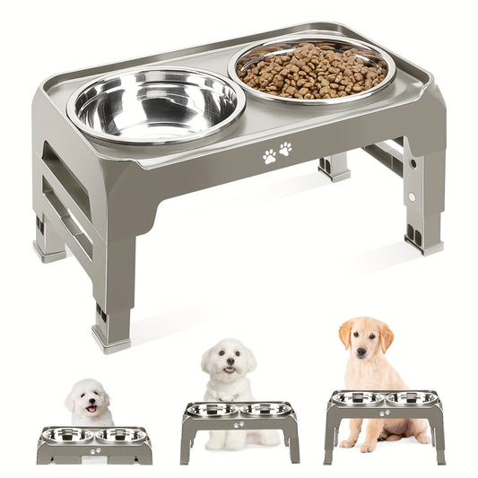 Dog Bowl Holder 3 Height Adjustable Dog Bowl Holder with 2 Stainless Steel Dog Food Bowls Non-slip Dog Feeder, Suitable for Small and Medium Dogs Light Brown Gray