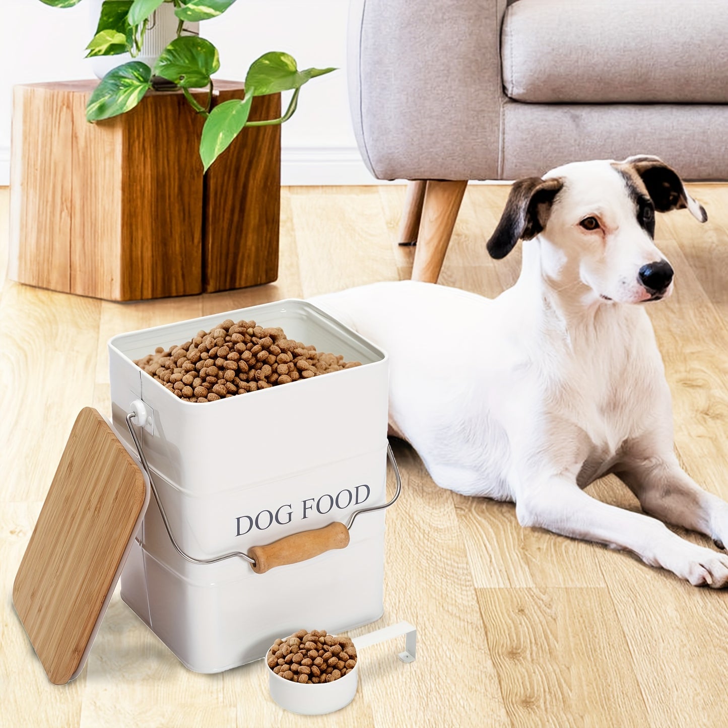 Rectangle Metal Dog Food Storage Container with Airtight Wooden Lid and Scoop - Durable Pet Food Bin with Wooden Handle, White Farmhouse Style Dog Food Box