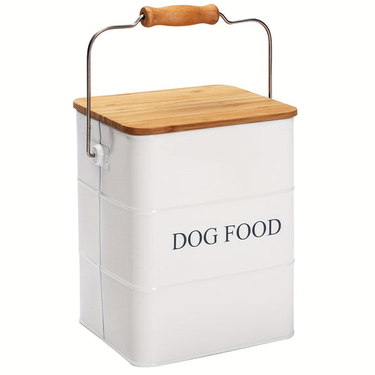 Rectangle Metal Dog Food Storage Container with Airtight Wooden Lid and Scoop - Durable Pet Food Bin with Wooden Handle, White Farmhouse Style Dog Food Box