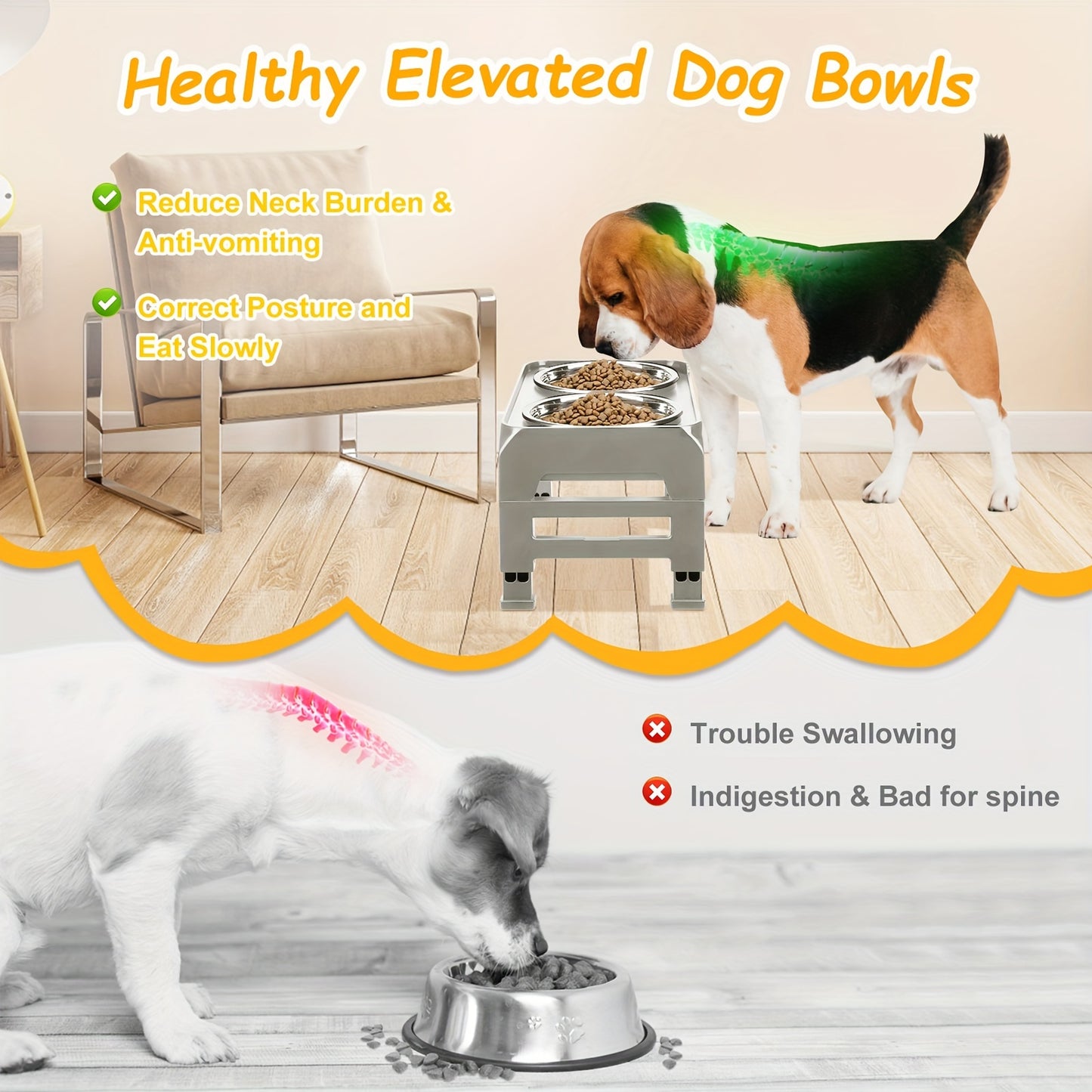 Dog Bowl Holder 3 Height Adjustable Dog Bowl Holder with 2 Stainless Steel Dog Food Bowls Non-slip Dog Feeder, Suitable for Small and Medium Dogs Light Brown Gray