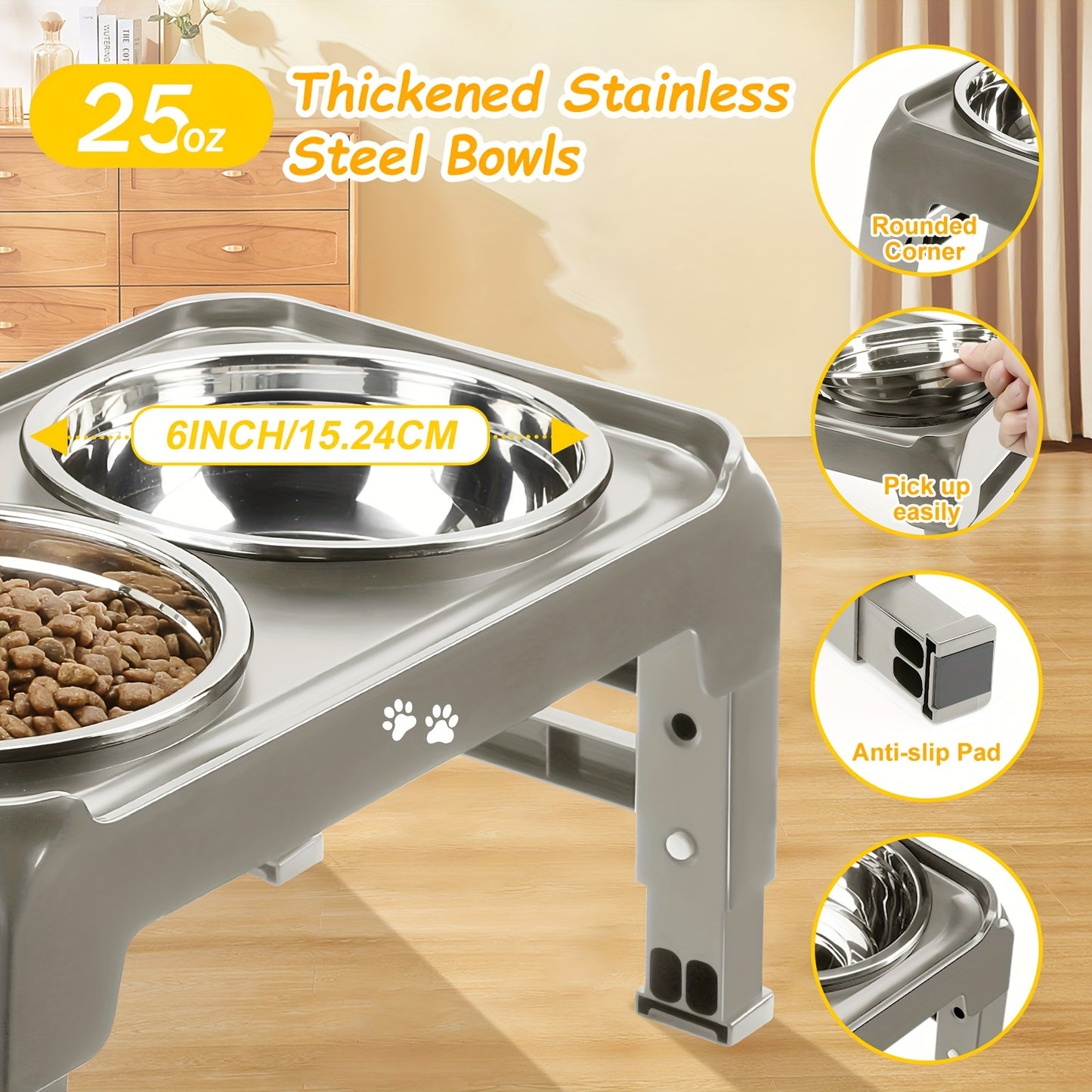 Dog Bowl Holder 3 Height Adjustable Dog Bowl Holder with 2 Stainless Steel Dog Food Bowls Non-slip Dog Feeder, Suitable for Small and Medium Dogs Light Brown Gray