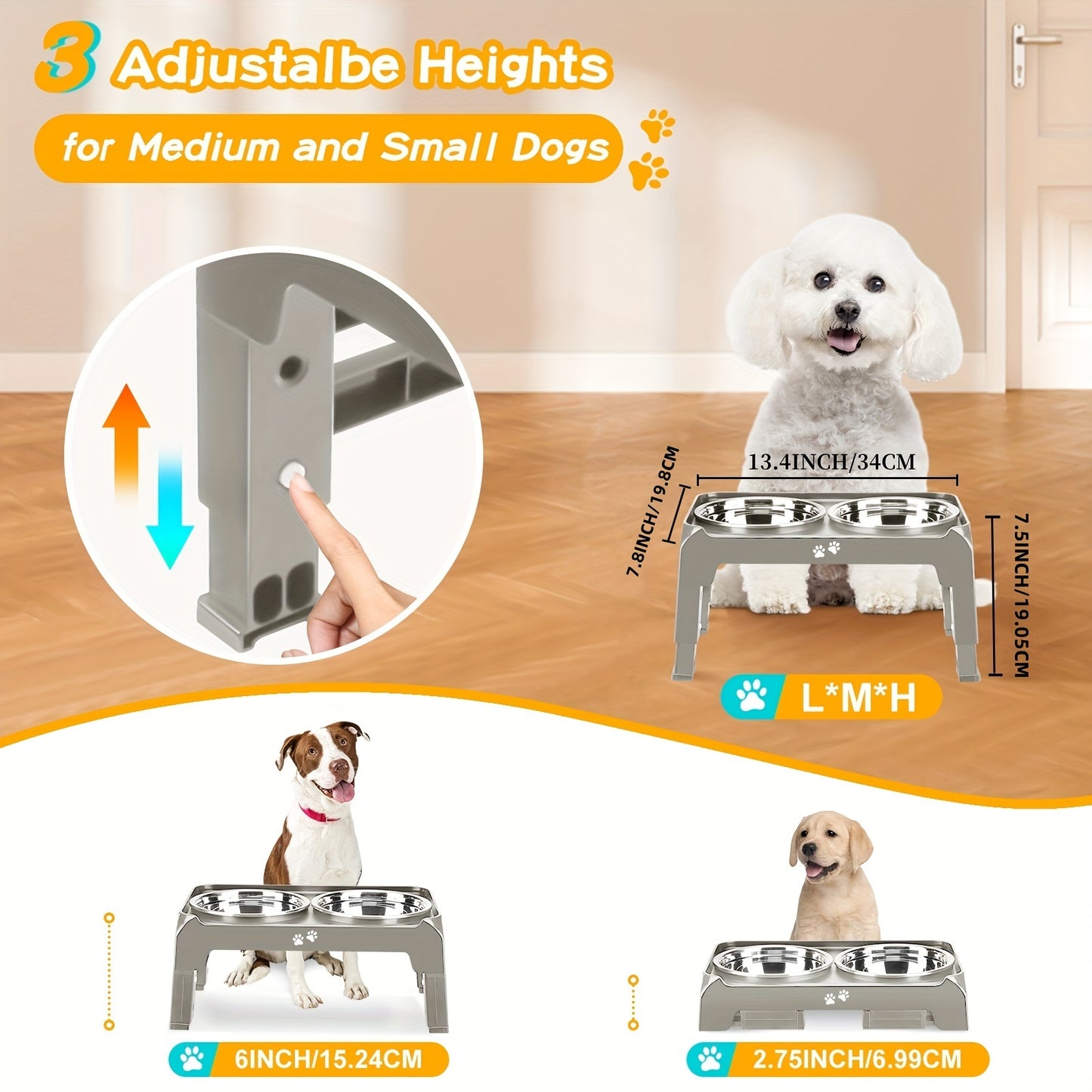 Dog Bowl Holder 3 Height Adjustable Dog Bowl Holder with 2 Stainless Steel Dog Food Bowls Non-slip Dog Feeder, Suitable for Small and Medium Dogs Light Brown Gray