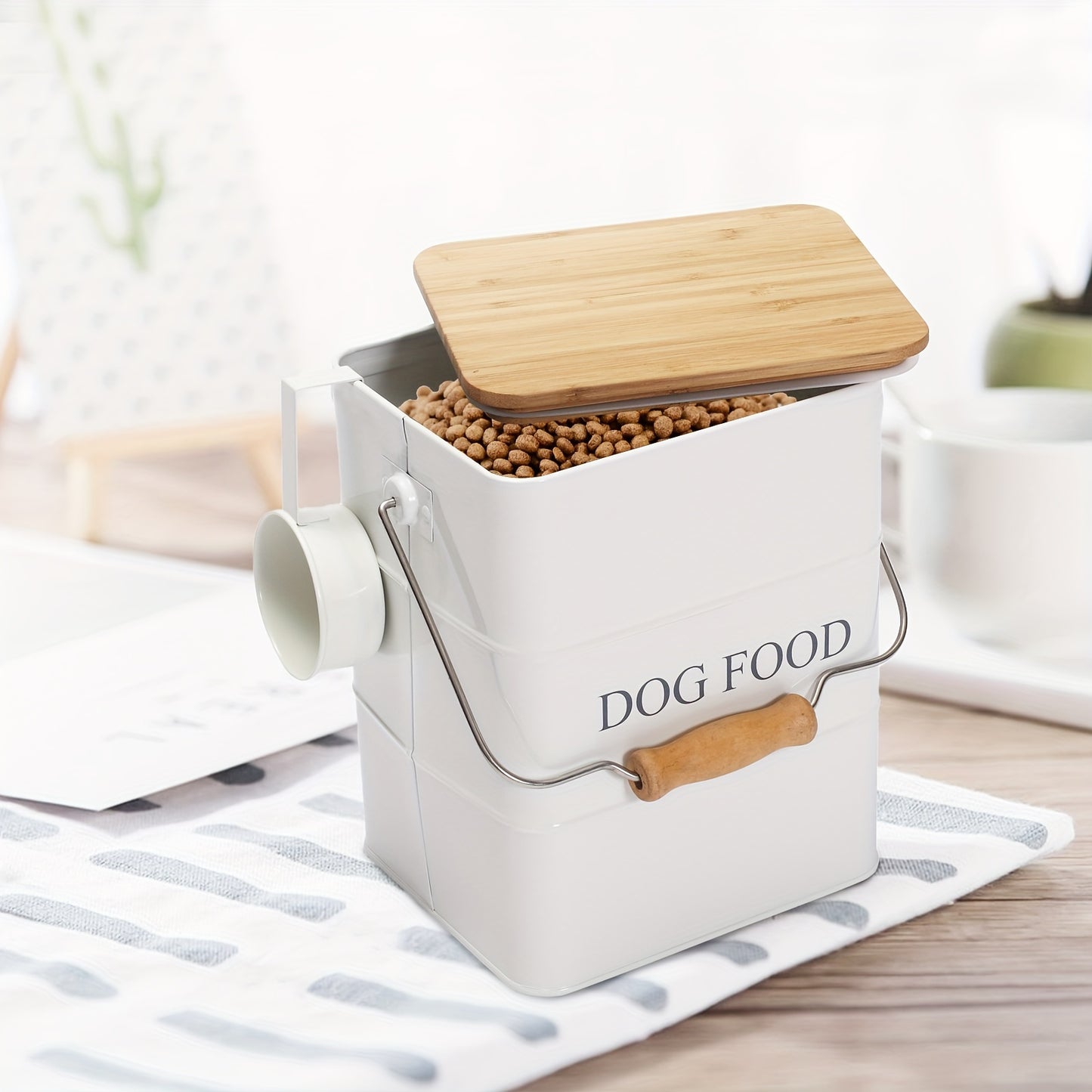 Rectangle Metal Dog Food Storage Container with Airtight Wooden Lid and Scoop - Durable Pet Food Bin with Wooden Handle, White Farmhouse Style Dog Food Box