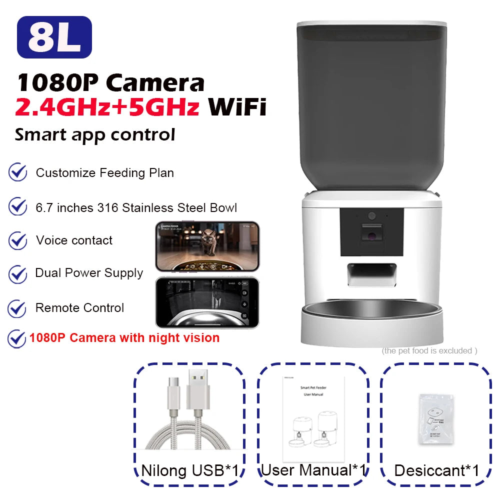 5G Automatic Cat Feeder With 1080p Camera Video WiFi Cat Food Dispenser Pet Smart Voice Recorder Remote Control Pet Auto Feeder