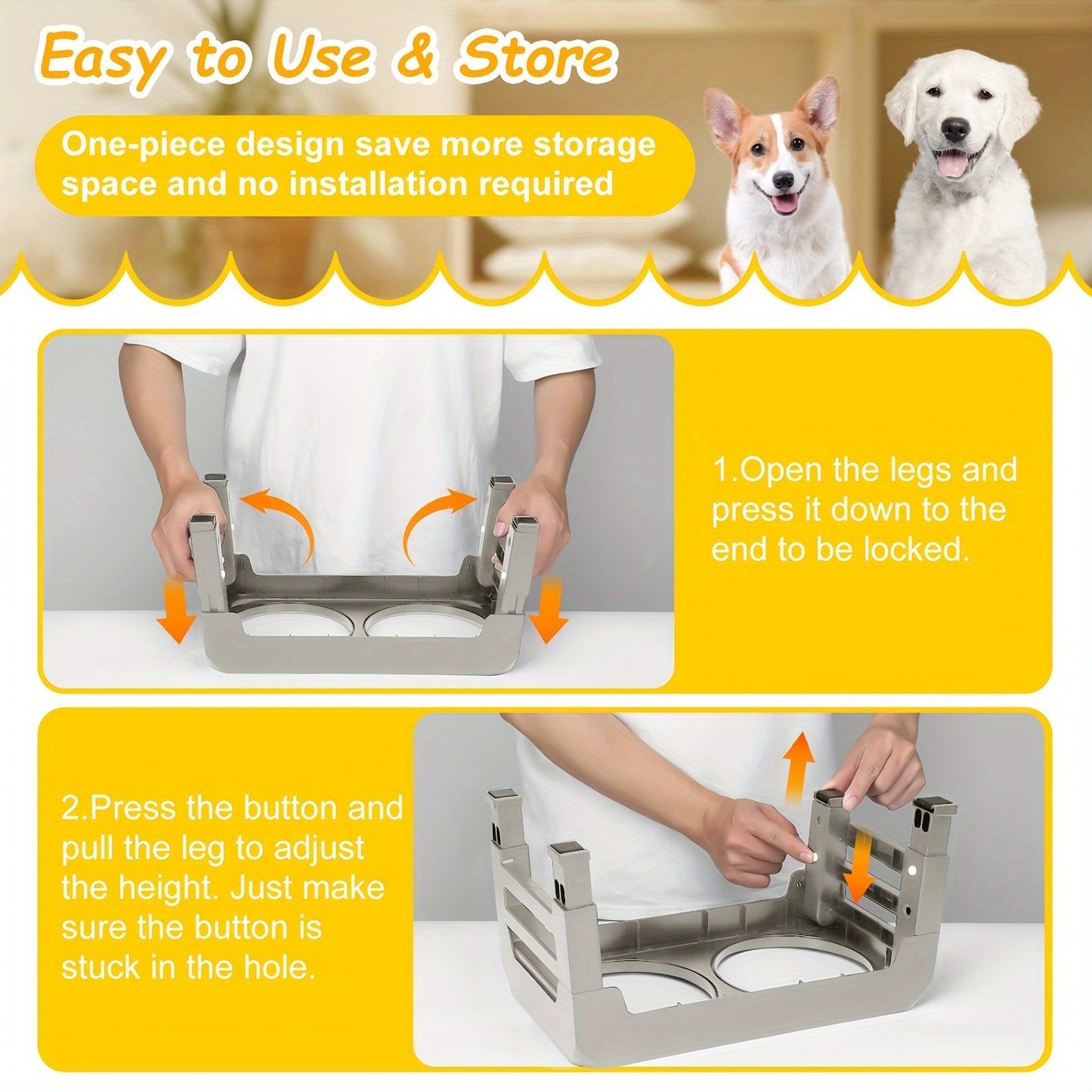 Dog Bowl Holder 3 Height Adjustable Dog Bowl Holder with 2 Stainless Steel Dog Food Bowls Non-slip Dog Feeder, Suitable for Small and Medium Dogs Light Brown Gray