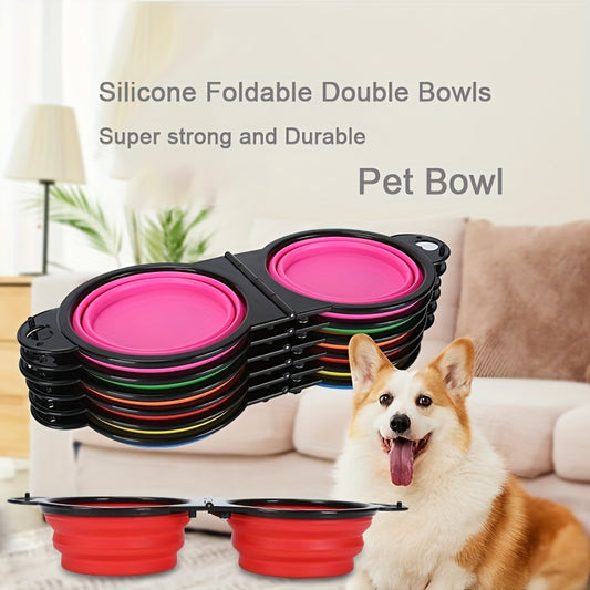 Collapsible Silicone Dog Travel Bowls, 2 In 1 Double Bowls Folding TPE Dog Food Bowl Water Bowl, Hangable Dog Feeder Dish Bowl For Outdoor Walking Camping Traveling