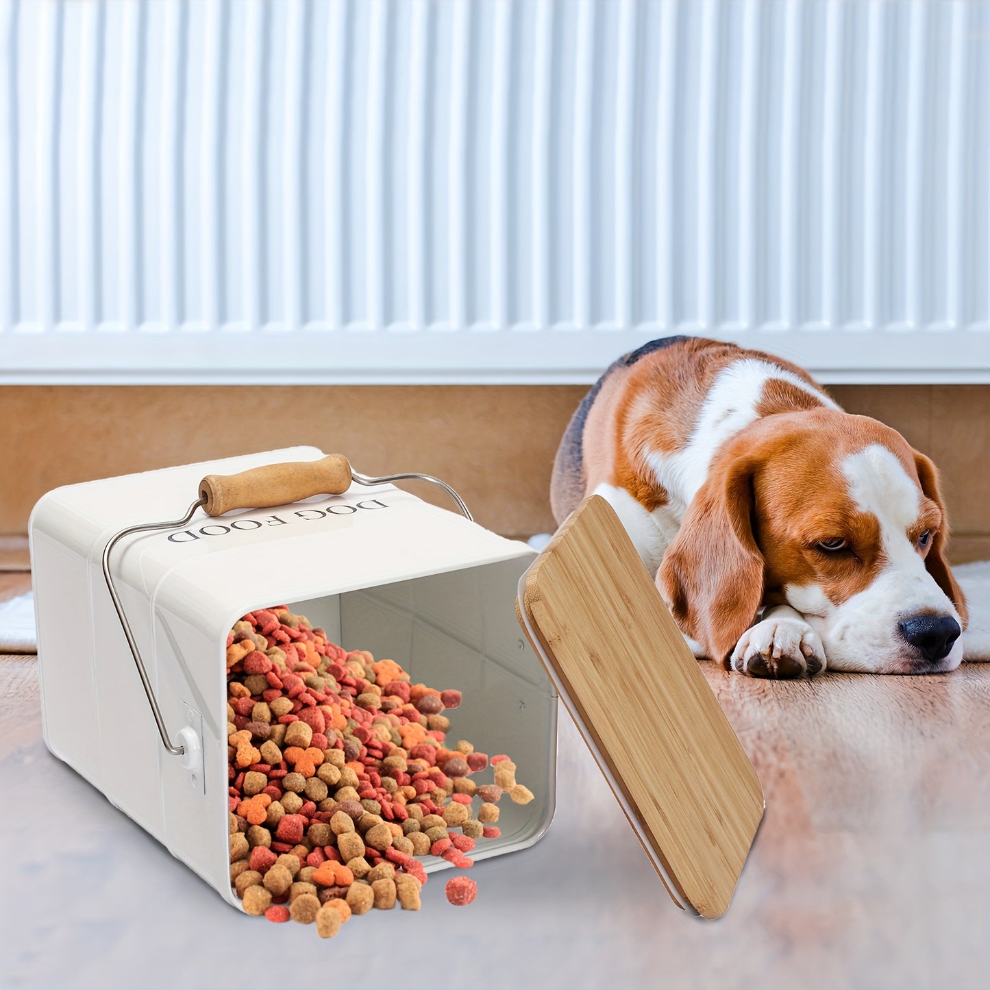 Rectangle Metal Dog Food Storage Container with Airtight Wooden Lid and Scoop - Durable Pet Food Bin with Wooden Handle, White Farmhouse Style Dog Food Box